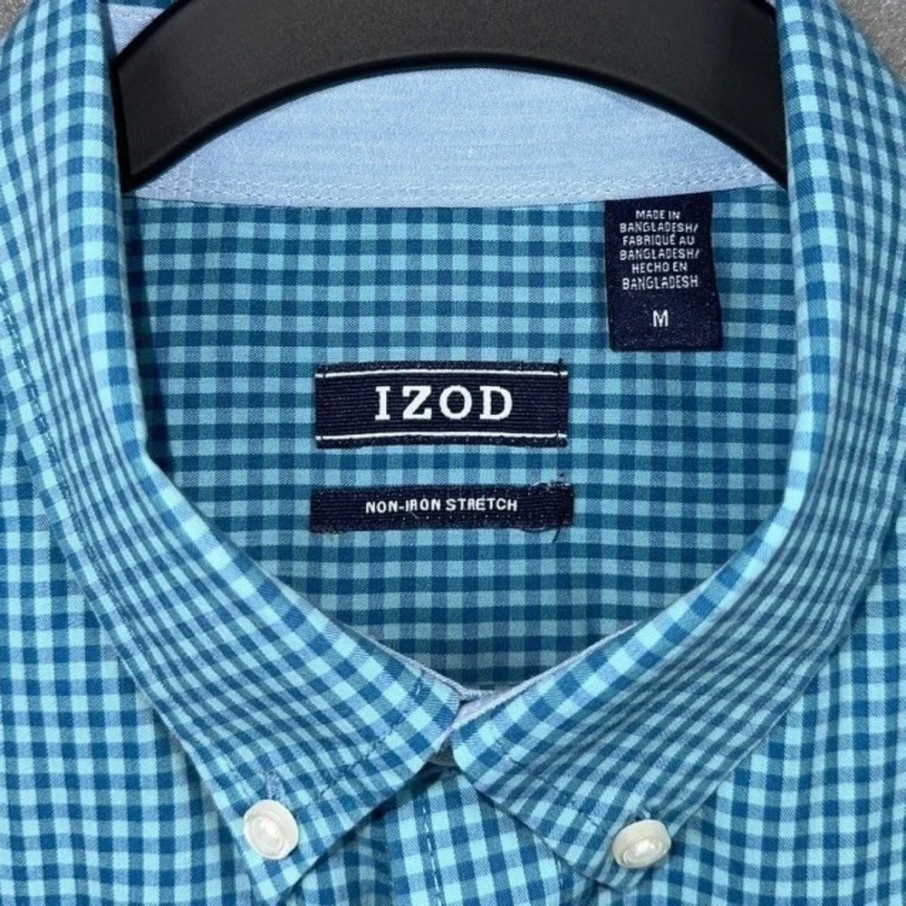 IZOD Button Down Shirt Mens M Blue Teal Gingham Non-Iron Stretch Long Sleeve